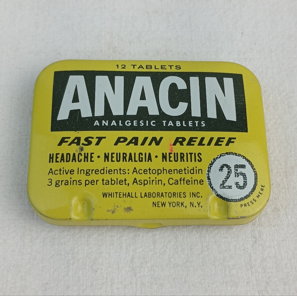 Vintage ANACIN Tin Fast Pain Relief 12 Analgesic Tablets Headache Colds Empty.